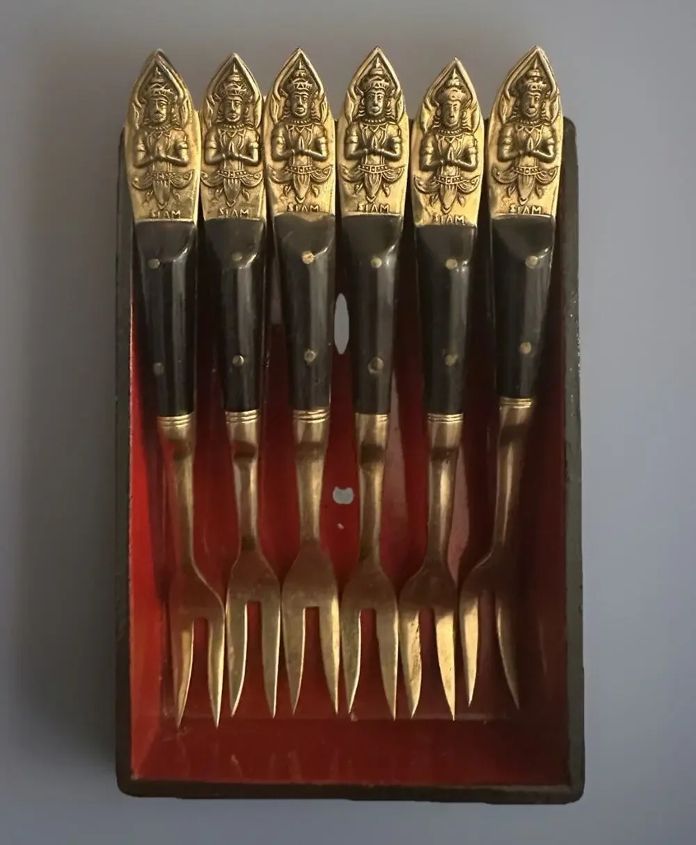 1950’s Siam Buddha Flatware Set Bronze Brass 6 Shrimp Forks Lacquer Display Box
